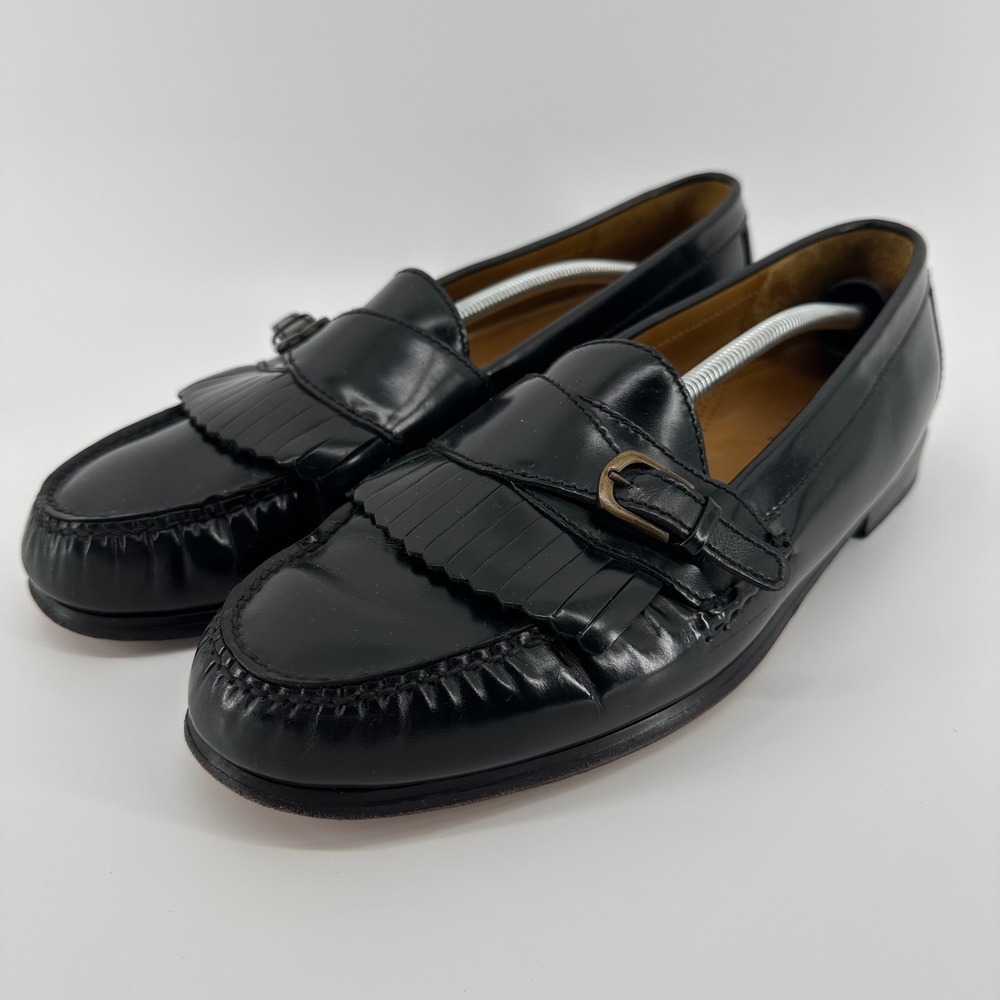 Cole Haan Black Leather Kiltie Buckle Loafers